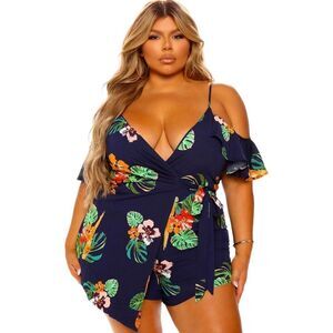 FASHION NOVA VIDETTE Navy Blue Floral Side Tie Romper 3X